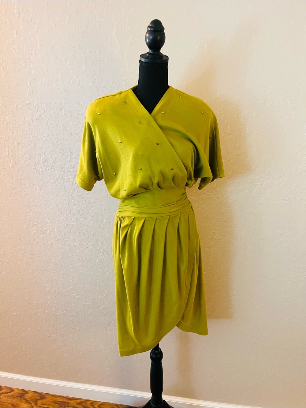 Vintage Chartreuse Faux Wrap-Front Midi Dress with Stud Embellishments